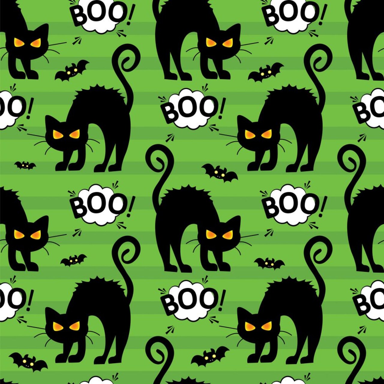 Halloween Black Cats BOO and Bats on Striped Green 100% Cotton Fabric